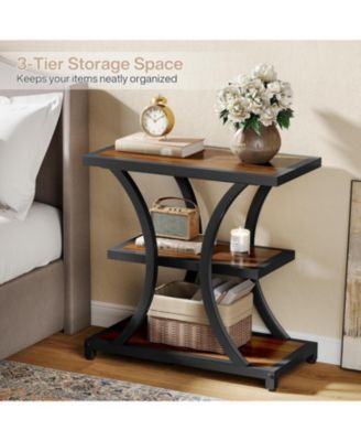 End Table with Storage, 3-Tier Side Table with Geometric Metal Design, Industrial Nightstand
