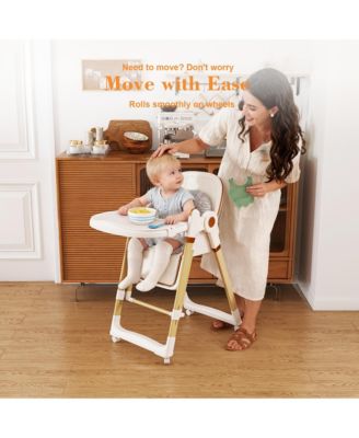 Plastic 2-in-1 Baby High Chair Rocker with 5-Point Harness, Foldable Infant Feeding Chair with Silent Locking Wheels and Removable 2-Tier Tray