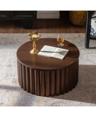 Round Coffee Table with Lift, Handcrafted Relief Wooden Tea Table for Living Room