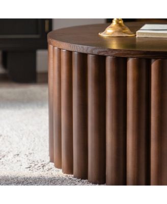 Round Coffee Table with Lift, Handcrafted Relief Wooden Tea Table for Living Room