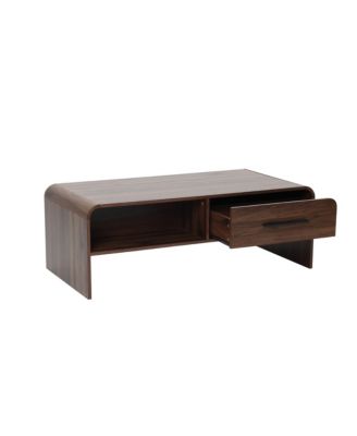 Walnut Finish 2-Drawer Coffee Table, Engineered Wood Open Storage Center Table with Rounded Corners for Living Room