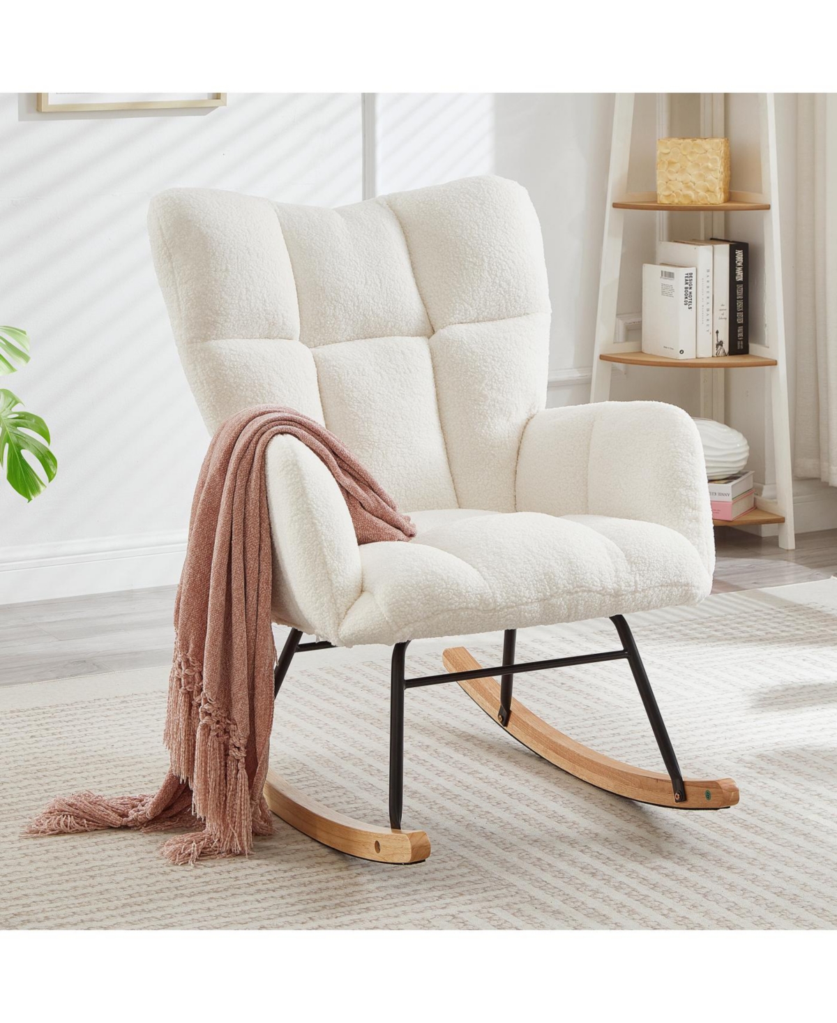 Streamdale Glider Chair for Living Room Tufted Teddy Fabric Rocking Chair Ivory White