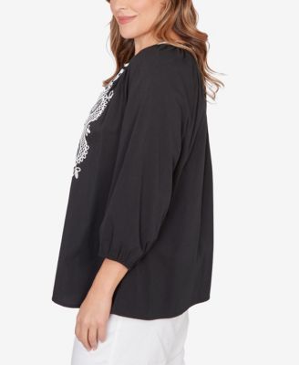 Plus Size Embroidered Soft Poplin Peasant 3/4 sleeves Top
