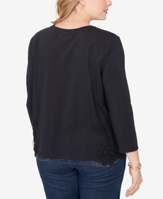 Plus Size Crochet Crew Neck Applique Stretch Knit Top