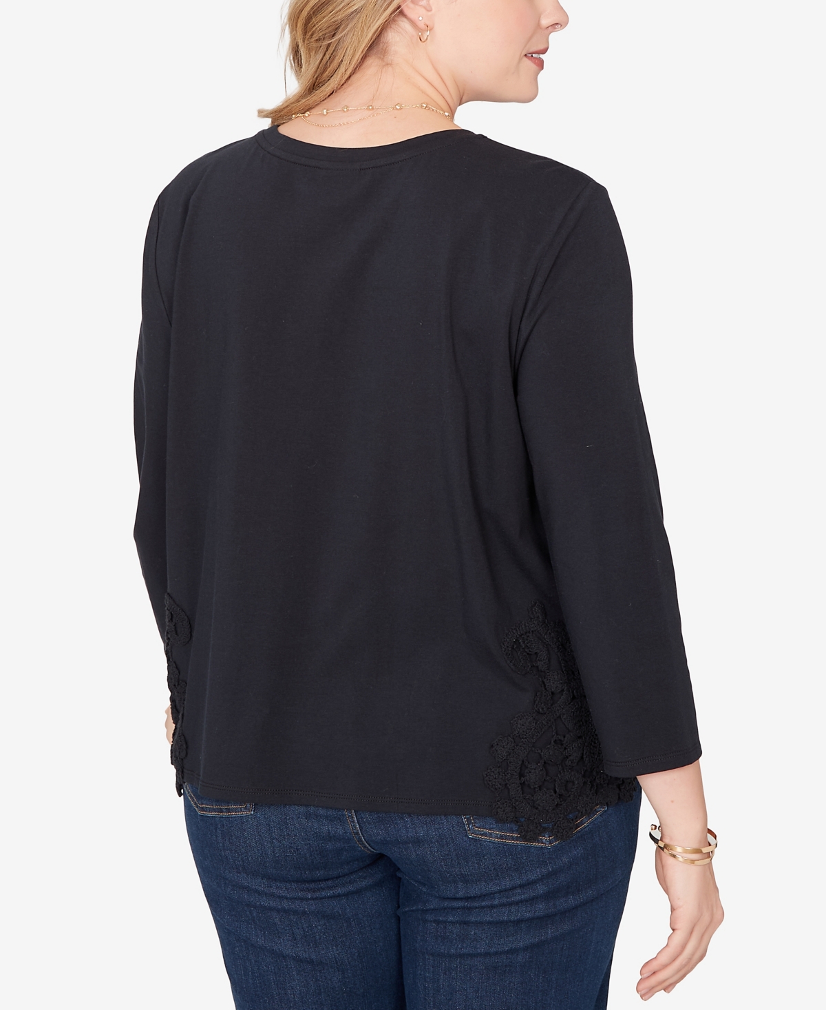 Ruby Rd. Plus Crochet Crew Neck Applique Stretch Knit Top