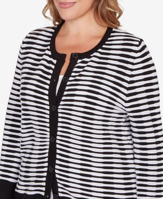 Plus Size Scallop Trim Striped Button Cardigan Sweater