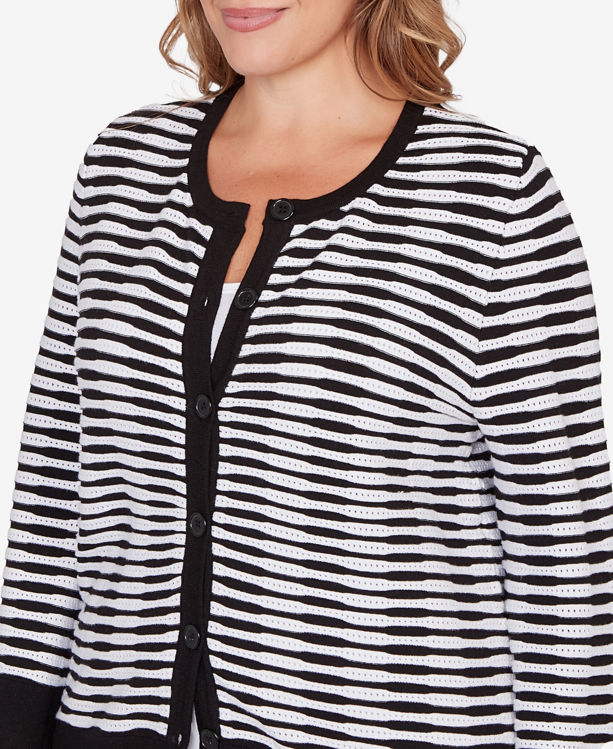 Ruby Rd. Plus Scallop Trim Striped Button Cardigan Sweater