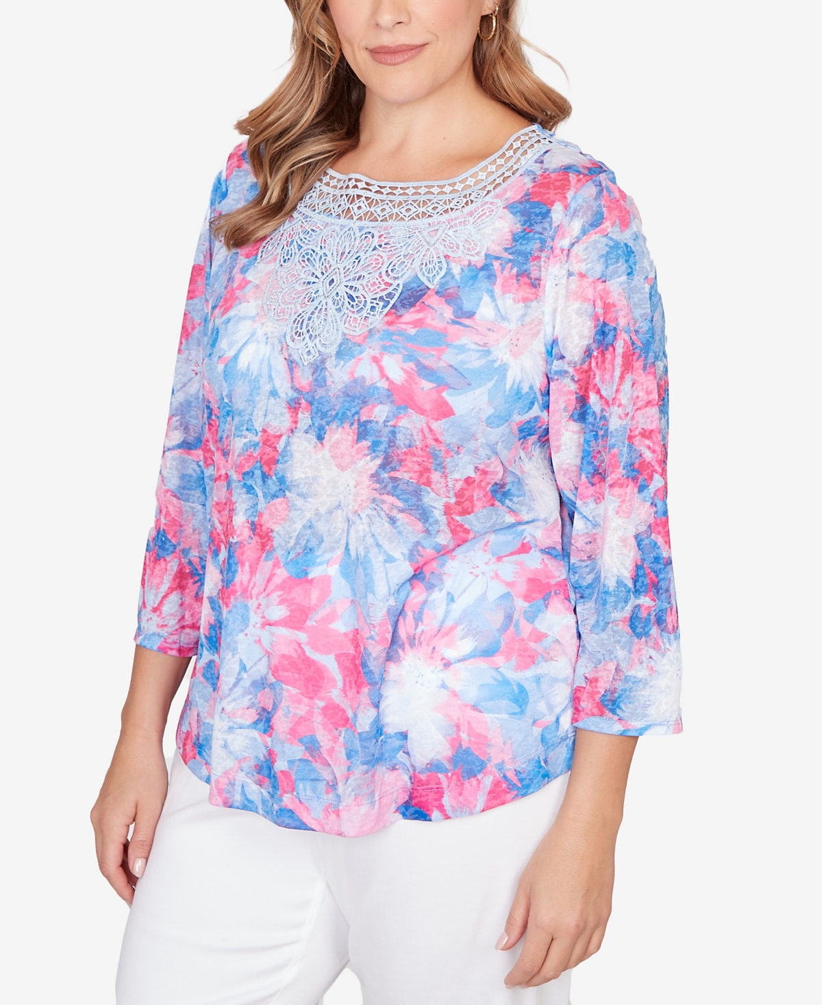Ruby Rd. Plus Scoop Neck Embellished Floral Sublimation Top