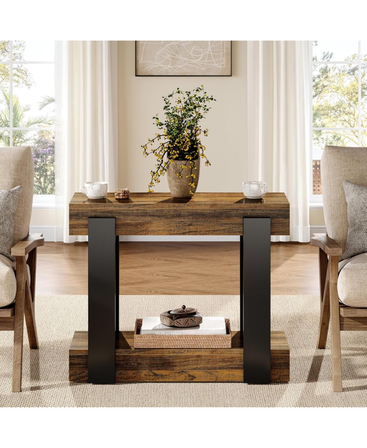 Tribesigns Narrow Wood End Table Set of 2, 2-Tier Farmhouse Side Table for Living Room