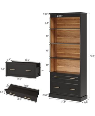 2-Drawer Vertical File Cabinet, Modern Black Filing Cabinet with 5-Tier Bookshelf, Large Printer Stand