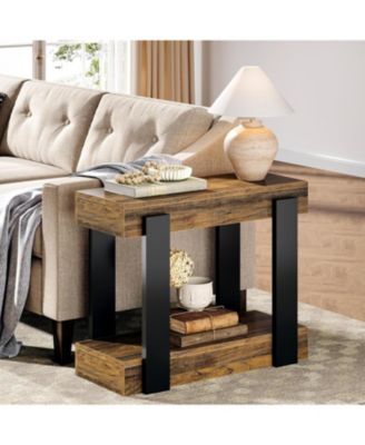 Narrow Wood End Table, 2-Tier Farmhouse Side Table for Living Room
