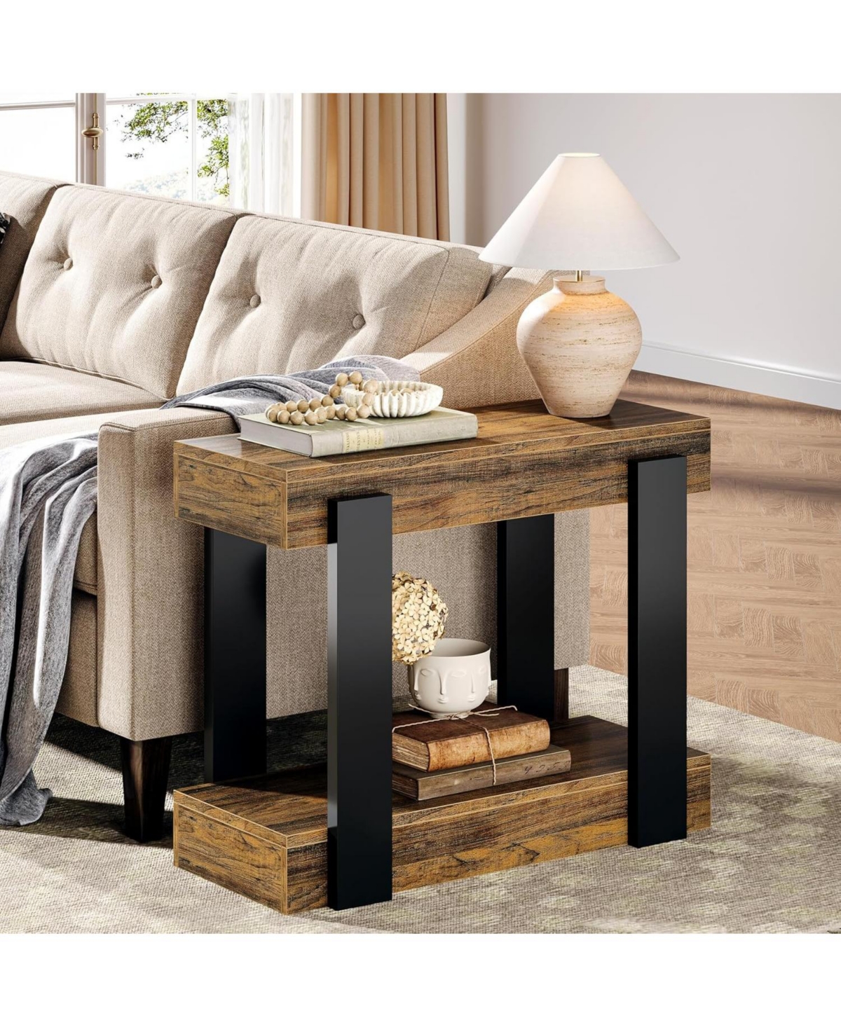 Tribesigns Narrow Wood End Table, 2-Tier Farmhouse Side Table for Living Room