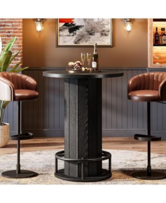 Round Bar Table, 39.4" H Wood Bistro Pub Table with Metal Ring Footrest (Only Table)