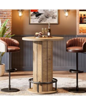 Round Bar Table, 39.4" H Wood Bistro Pub Table with Metal Ring Footrest (Only Table)