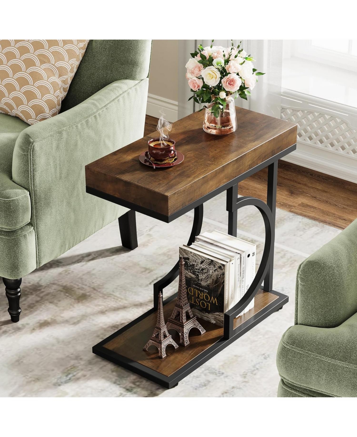 Tribesigns Narrow Side Table, Brown Black C Shaped End Table, Small Sofa Tables with Metal Frame for Living Room
