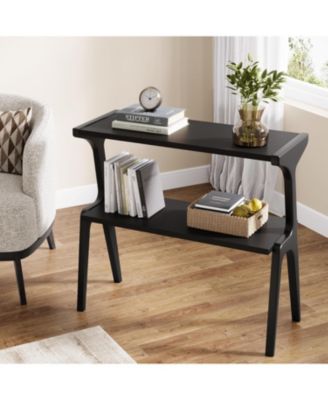 Solid Wood End Table, 2-Tier Modern Slim Couch Side Table with Storage Shelves, Black