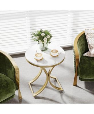 2PCS Round Side Table Faux Marble Top Gold Metal Legs