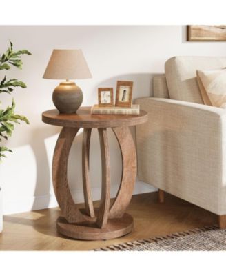 End Table, Round Side Table with Storage, Farmhouse Nightstand Bedside with Round Tabletop
