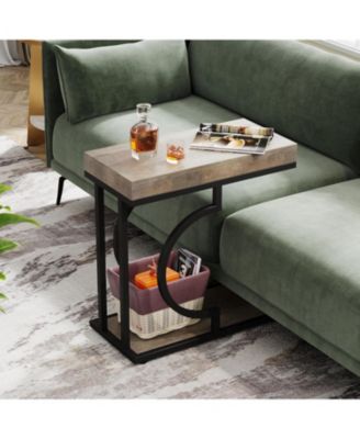 Narrow Side Table, C Shaped End Table, Modern Bedside Tables for Couch (1, Gray+Black)