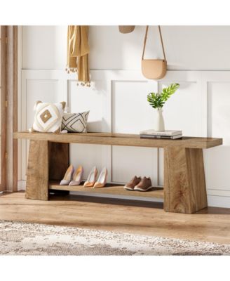 Modern Bedroom Bench with Storage Shelf, Solid Wood Entryway Bench