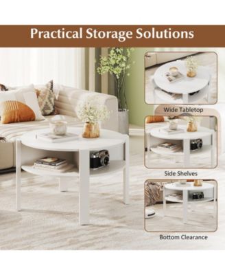 29.5'' 2-Tier Round Coffee Table w/ Storage 4 Shelves Faux Wooden Top