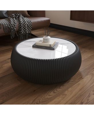27.55" Modern Drum-Shaped Coffee Table with PU Leather and Marble Top
