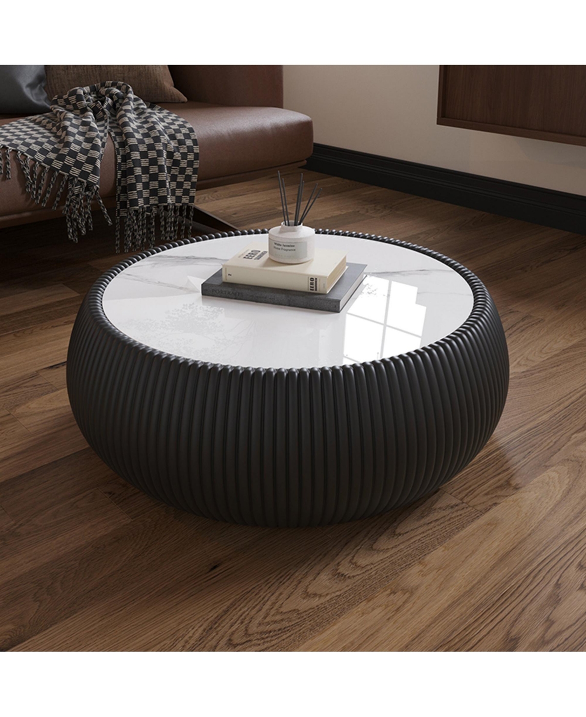 Boyel Living 27.55" Modern Drum-Shaped Coffee Table with Pu Leather and Marble Top