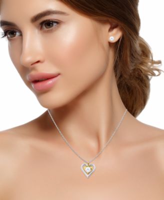 2-Pc. Two-Tone Freshwater Pearl Heart Pendant Necklace and Stud Earrings Set