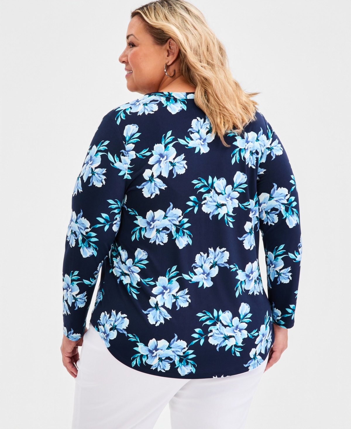 Jm Collection Plus Printed Split-Neck Long-Sleeve Top
