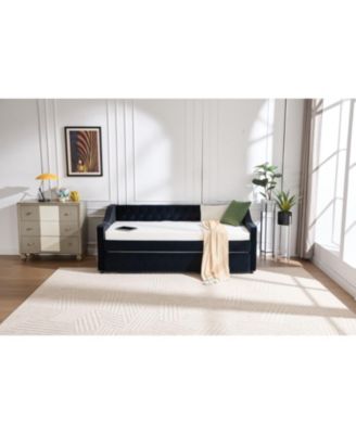 Twin Upholstered Daybed with Trundle, USB, Pockets, Velvet, Button Tufted