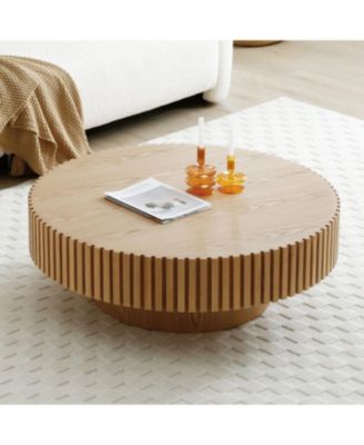 35.43" Round Wood Coffee Table for Living Room, Modern Handcraft Drum Table.