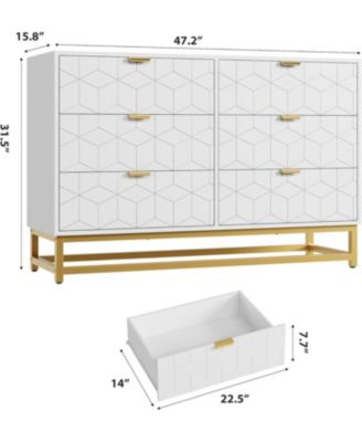47.2" Wide Modern 6 Drawer Dresser, Wide Chest with Gold Metal Legs & Handles, Wood Storage Organizer for Bedroom, Living Room