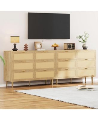 Rattan 6 Drawer Dresser, Wide Double Dresser with Gold Handles & Legs, Modern Chest with Large Storage for Bedroom or Living Room