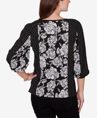Petite Floral Panel Crinkle Knit Peasant Top