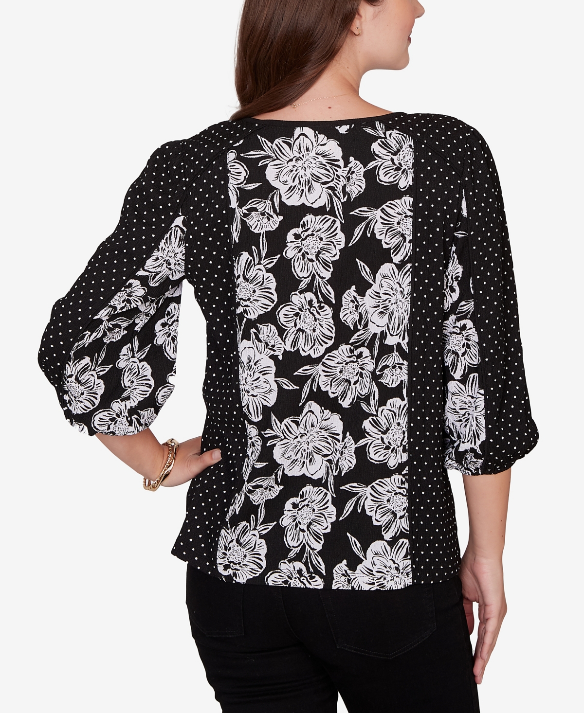 Ruby Rd. Petite Floral Panel Crinkle Knit Peasant Top