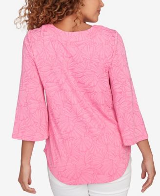 Petite Horseshoe Neck Solid Floral Jacquard Top