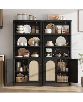 70" Tall Farmhouse Bookshelf with Rattan Doors, 3-Tier Open Bookcase with Adjustable Shelves, Floor Standing Storage Cabinet, 2pc