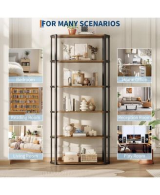 6-Tier Wooden Bookshelf, 71" Industrial Tall Bookcase with Metal Frame, Large Open Storage Shelf for Living Room, Bedroom, Office