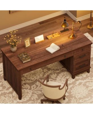 53.5" Farmhouse Executive Desk with File Drawers, Charging Station, Computer Desk with Storage, Home Office Writing Table