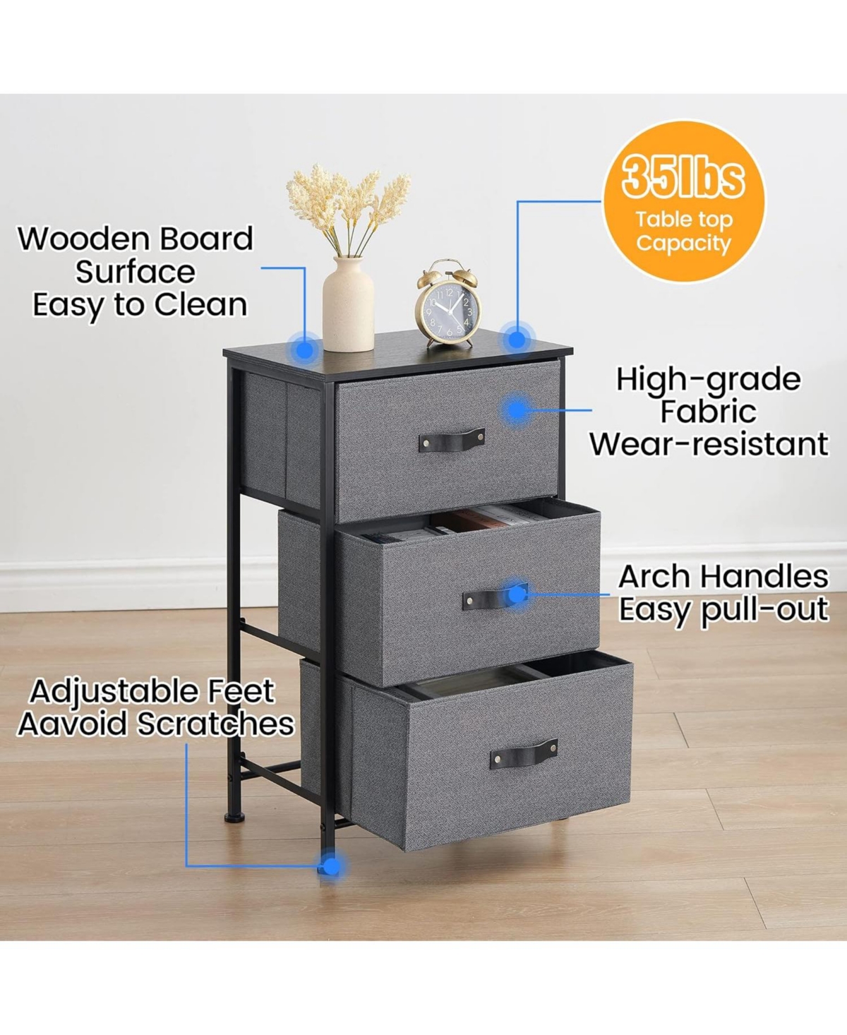 3 Drawer Dresser Nightstand, Black Small Bedside Table with Fabric Drawers, End Table for Bedroom, Living Room, Dorm