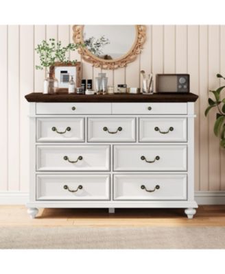 9-drawer rustic dresser, 47" wide with vintage metal handles, perfect for bedroom, closet, or living room storage.