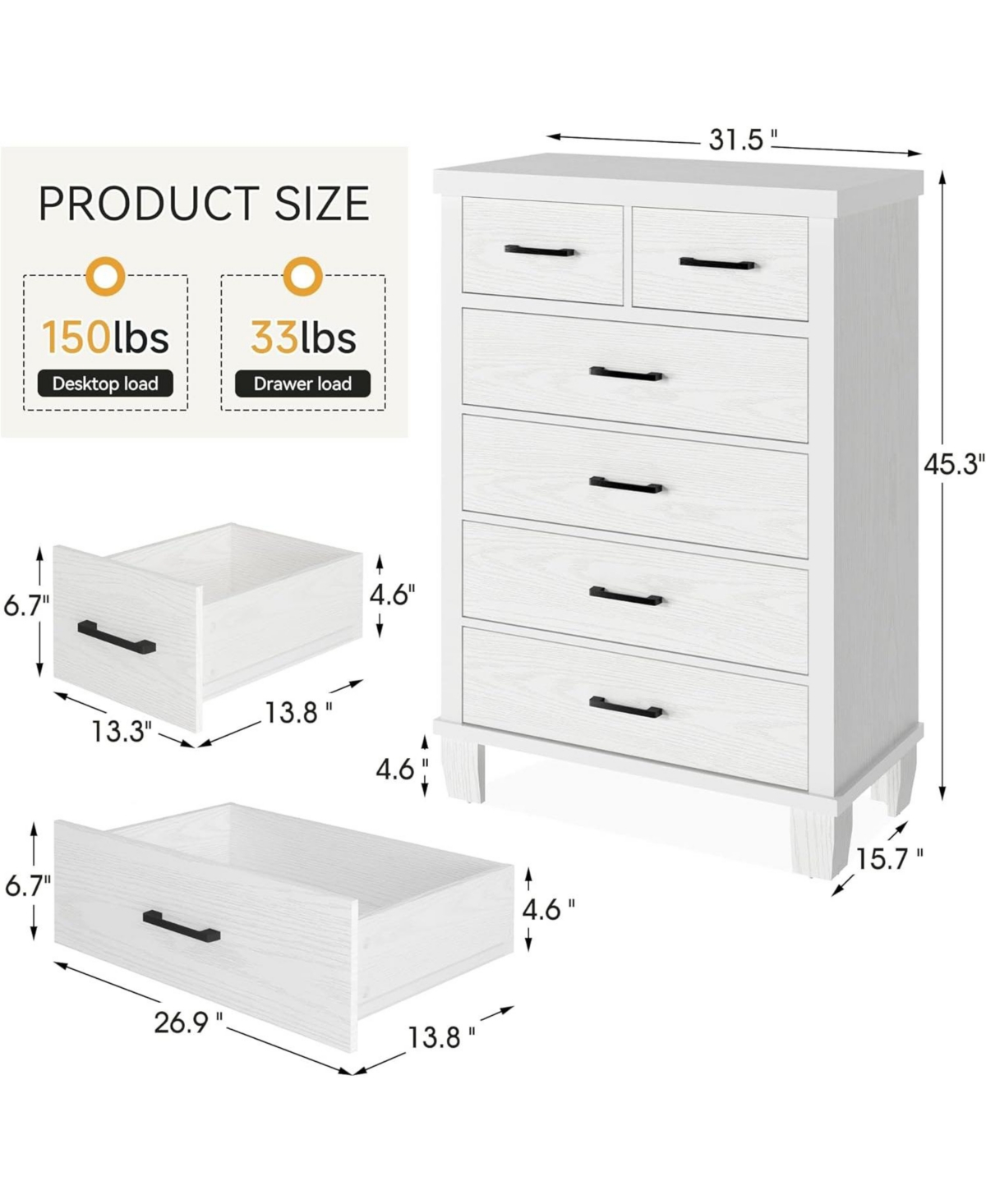 Gaomon Dresser for Bedroom with 6 Drawers, 45" Tall Chests of Drawers with Storage, Large Drawer Dresser