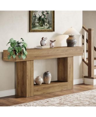 63" Console Table, Farmhouse 2-Tier Entryway Table with U-Shaped Base, Light Brown