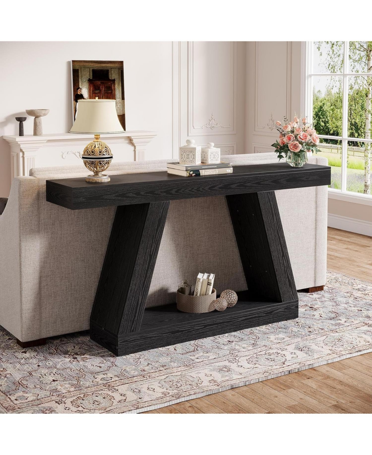 Tribesigns Farmhouse Console Table, 55-Inch Rustic Sofa Table with Storage, Black