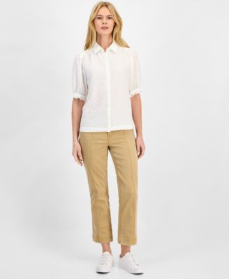 Women's Checked Short-Sleeve Smocked Blouse