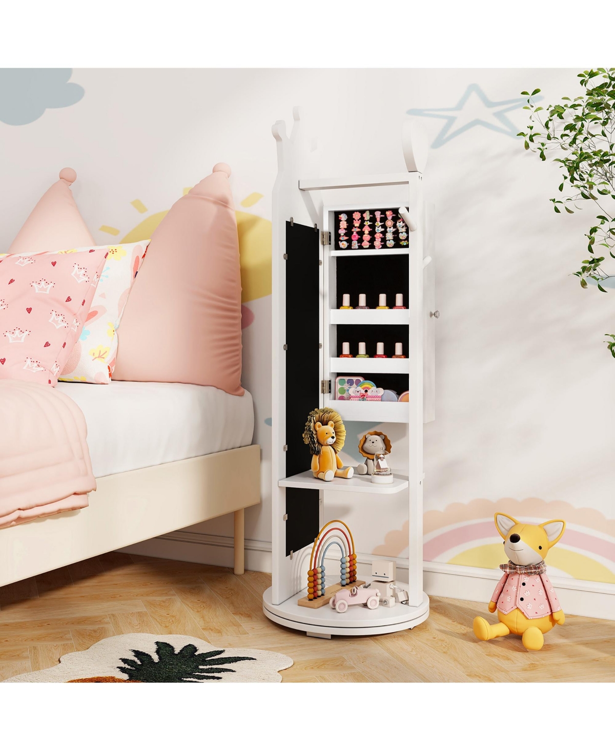 Gymax Kids Vanity Set Princess Makeup Dressing Table &Chair Set w/ Coat Rack