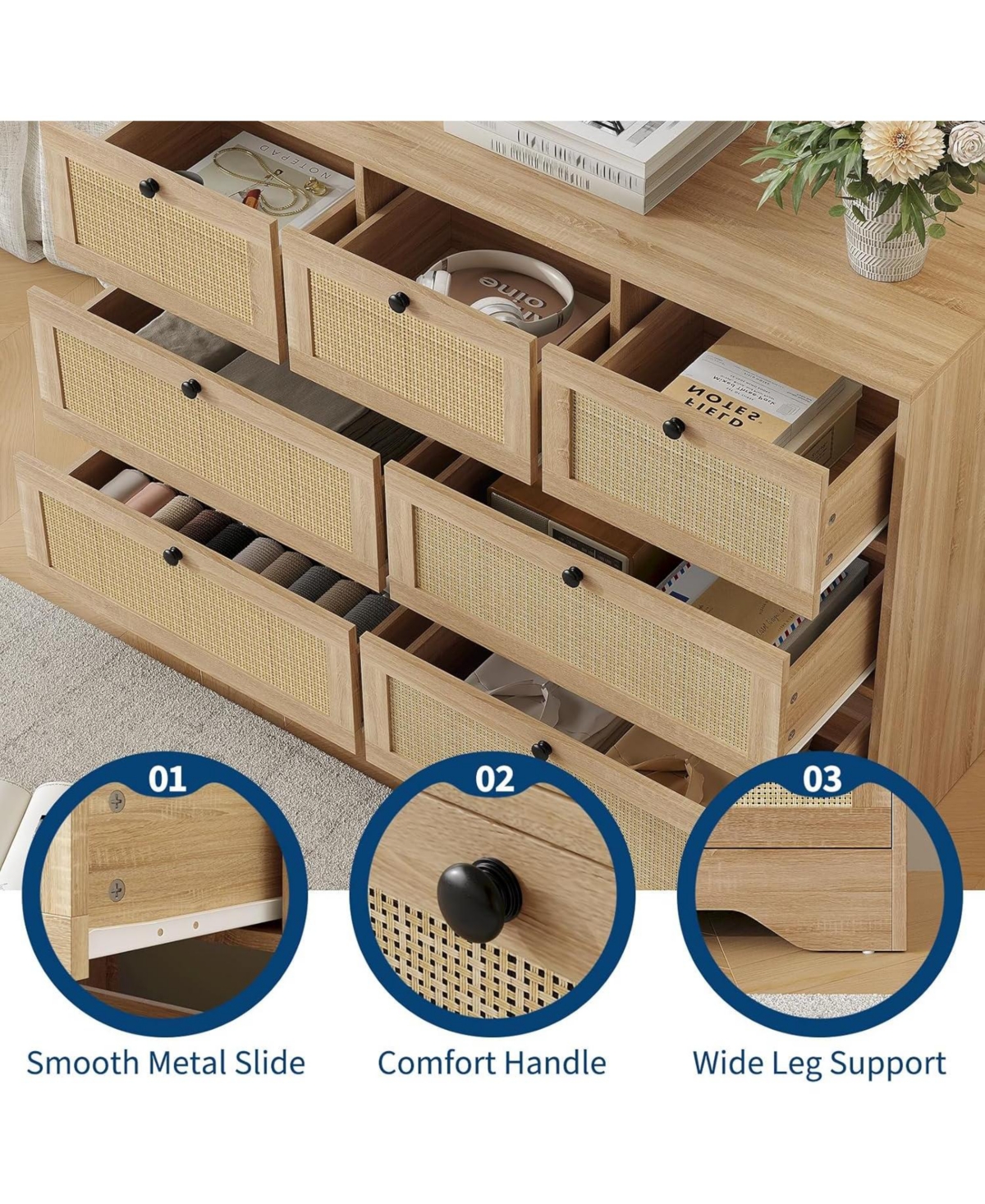 gaomon Rattan 7 Drawer Dresser for Bedroom Farmhouse Modern Dressers Chests of Drawers Storage Organizer