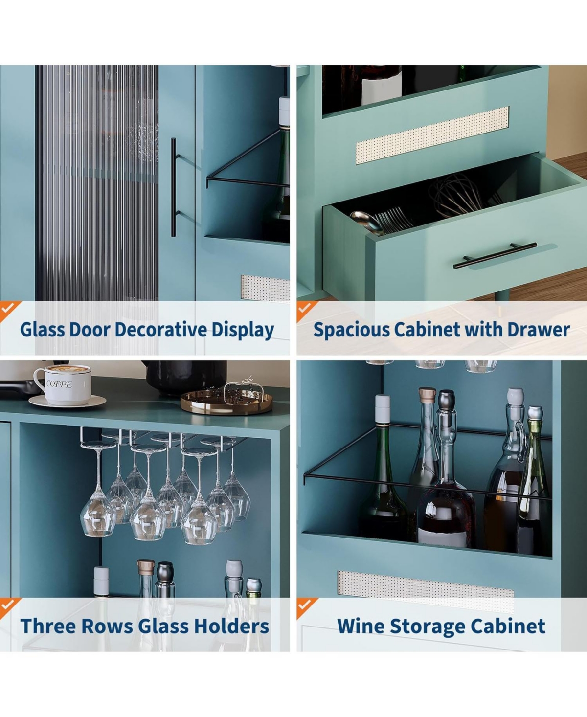 gaomon Modern Wine Bar Cabinet with Wine Glass Rack, Glass Door Display and Drawers, Coffee Bar & Liquor Cabinet with Storage, Buffet Sideboard Table