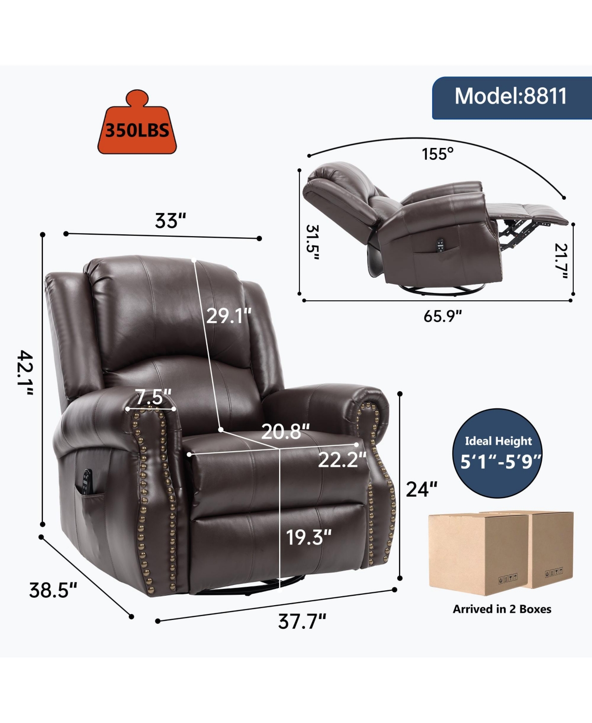 Boyel Living Faux Leather Recliner Chair Rocker Swivel Manual with Heat & Massage