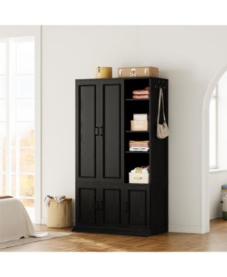 Black Armoire Wardrobe Closet 70" H, 5 Doors Bedroom Wooden Wardrobe with 4 Storage Shelves and Hanging Rod